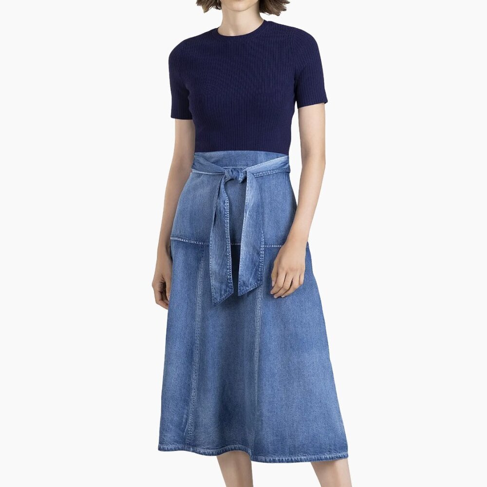 Shoshanna Navy Rib Short-Sleeve Top with Denim Blue Midi Skirt